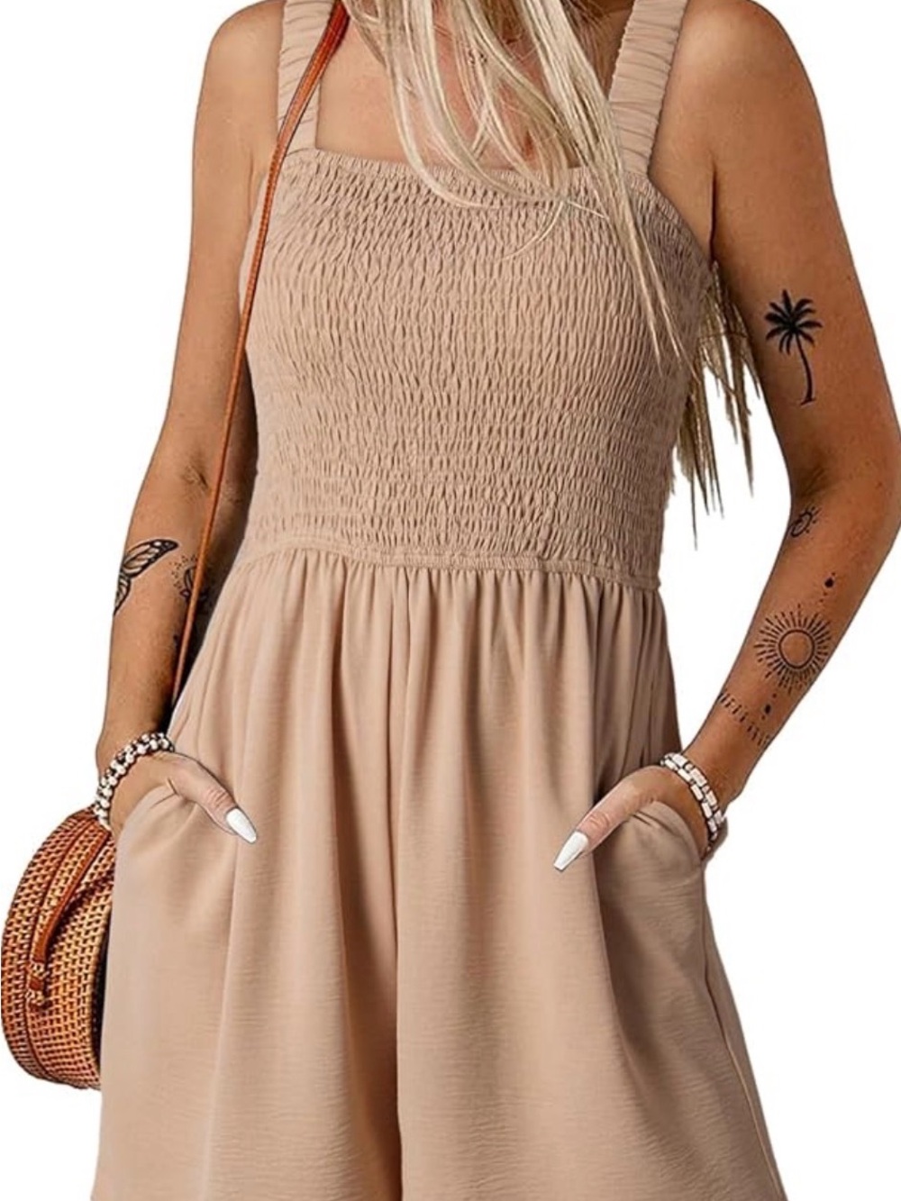 NWT Medium Dokotoo Romper Jumpsuit Wide Leg Shorts Beige/Khaki